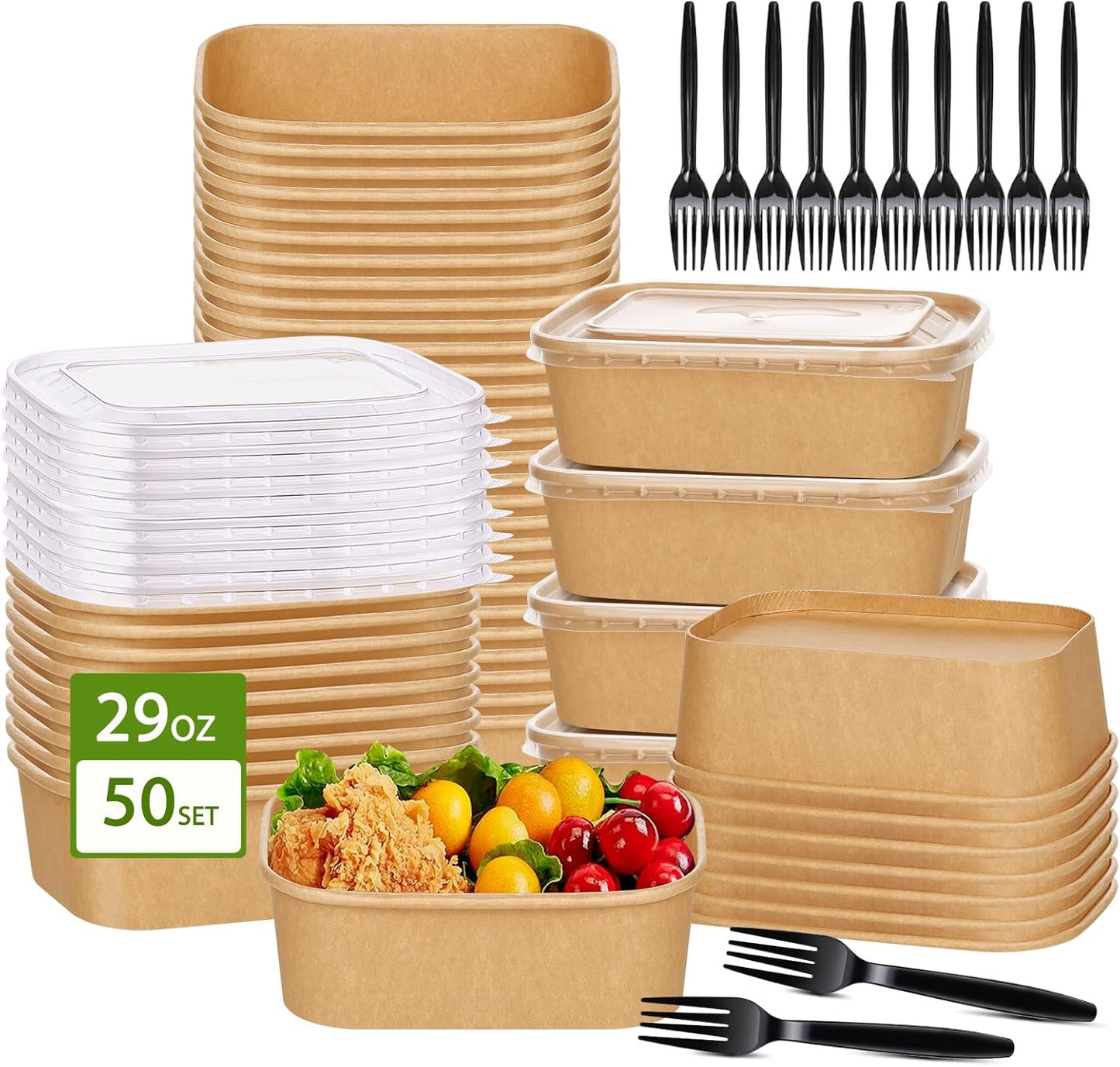 50-Pack 29oz Disposable Kraft Paper Bowls【with Lids and Forks】,Meal Prep Containers Disposable To go Food Containers for Easter Parties Take Out Containers, Microwave Safe for Hot/Cold Food