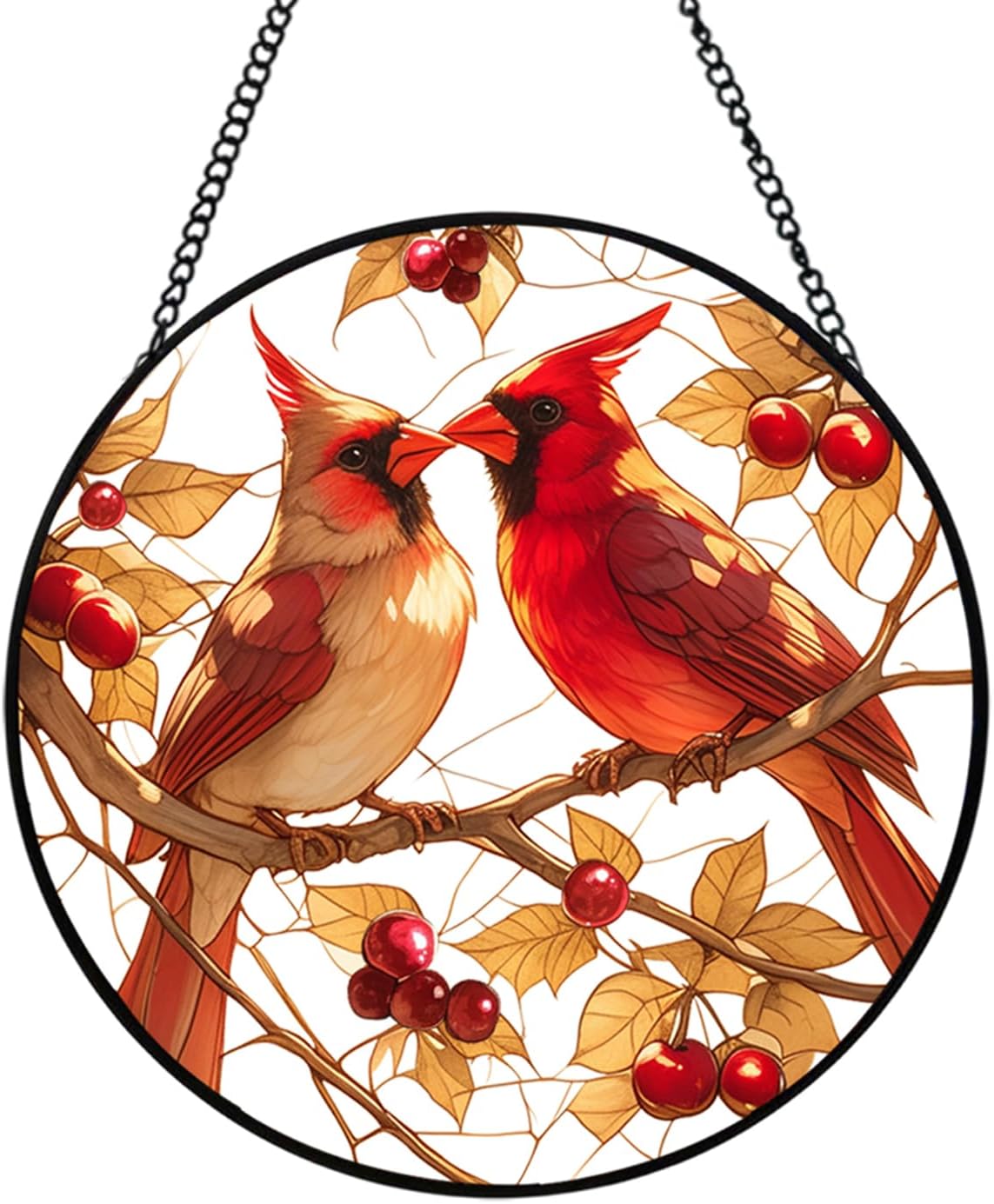 Stained Glass Style Cardinal Suncatcher, 7.87 Inch (20cm) Round Real Glass Window Hanging with Gift Box and Chain, Bird Decor Gift