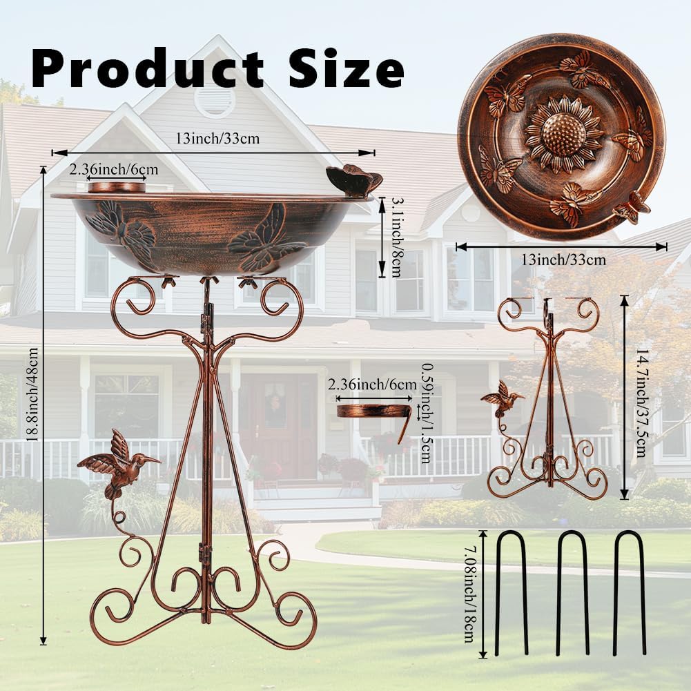 DREAMSOUL 13" Dia Bird Bath Stand with Folding Bracket, Vintage Copper Birdbath with Butterfly Pattern Metal Bird Bath for Outside