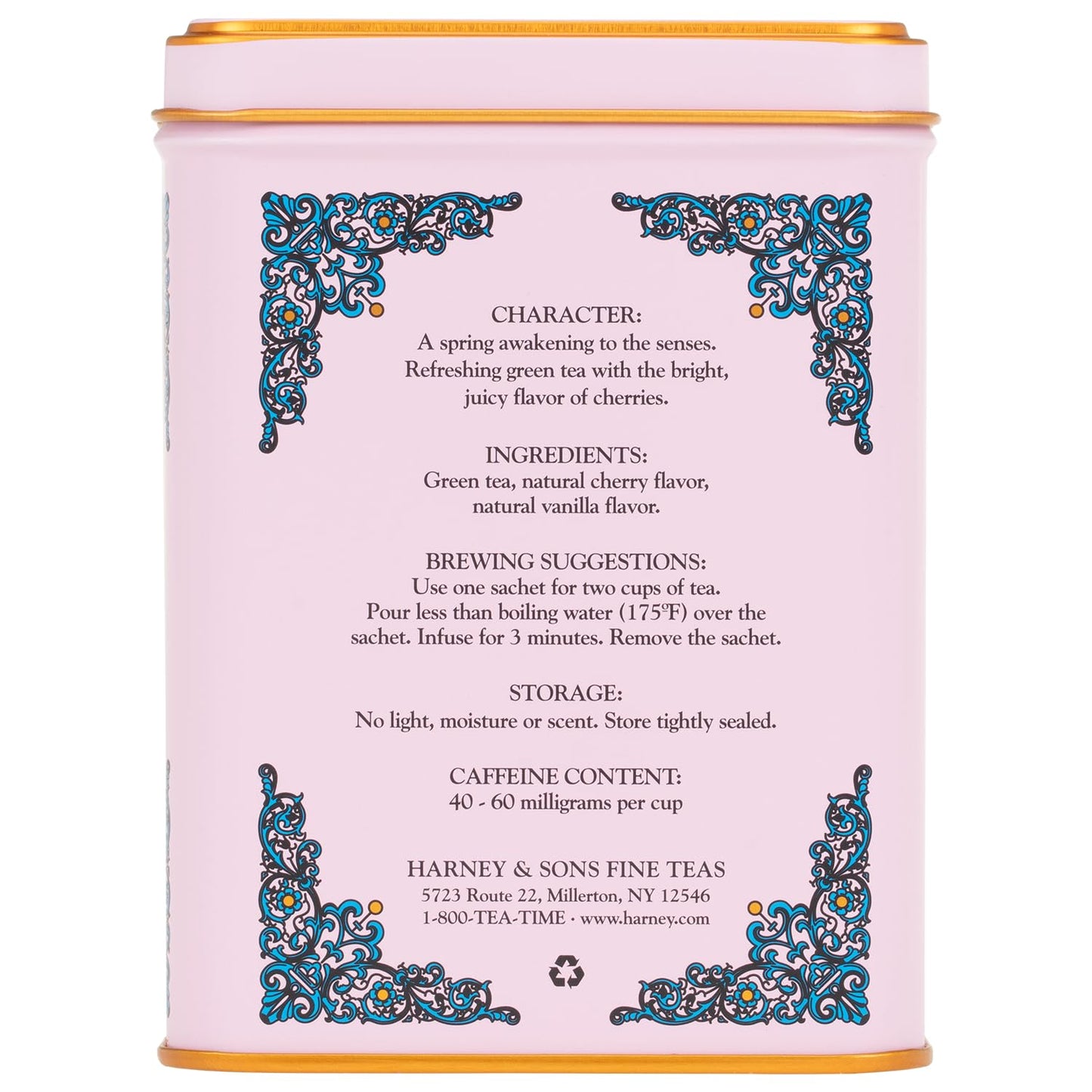 Harney & Sons Caffeinated Blossom Green Tea Tin Sachets Pink 31629, Cherry, 20 Count (Pack of 1)