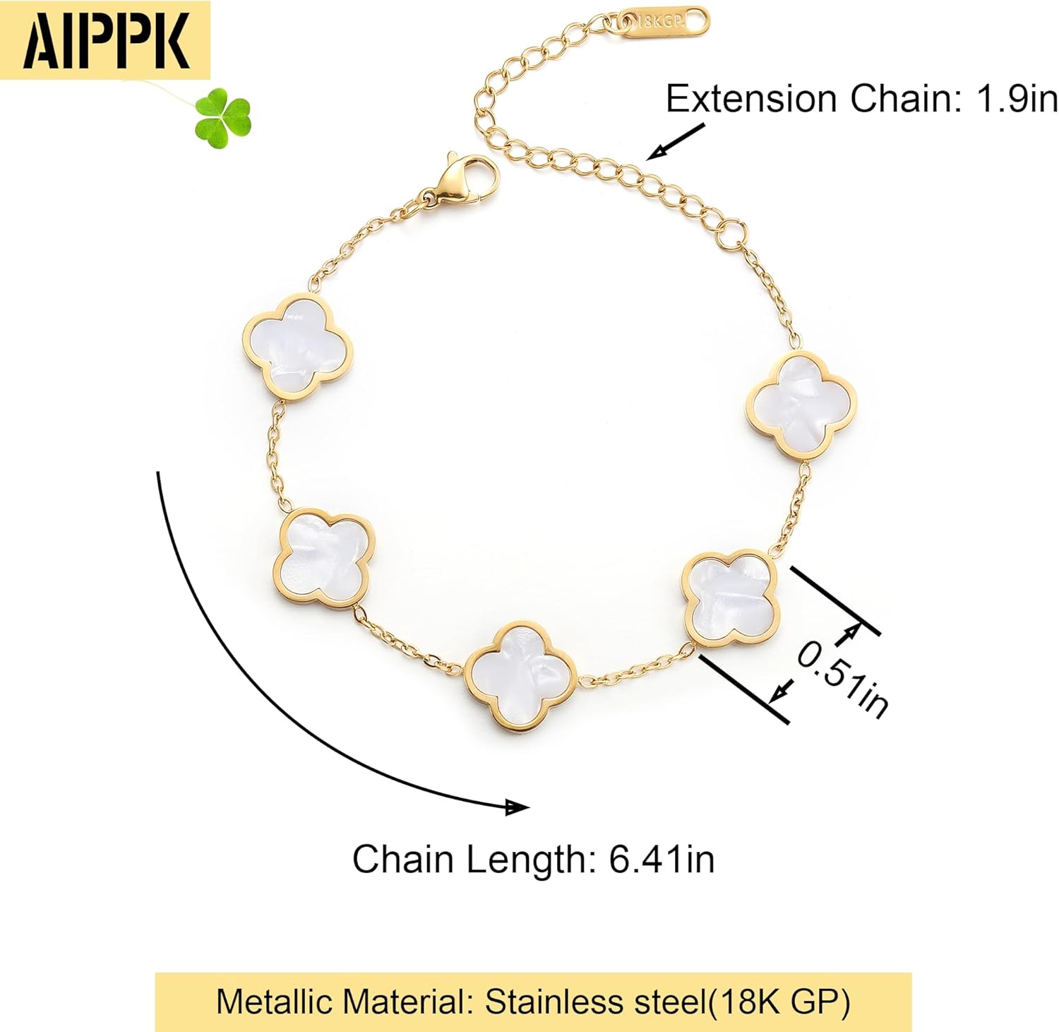 18K Gold Plated Clover Lucky Bracelet for Women White/Black/Red/Green 