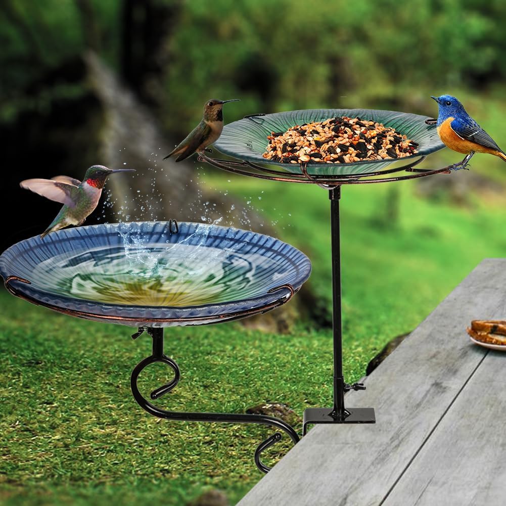 2-in-1 Deck Mounted Bird Bath for Outside Glass Birdbath Bowl & Birdfeeder with Adjustable Sturdy Metal Clamp for Railing Balcony 11" Dia, Blue