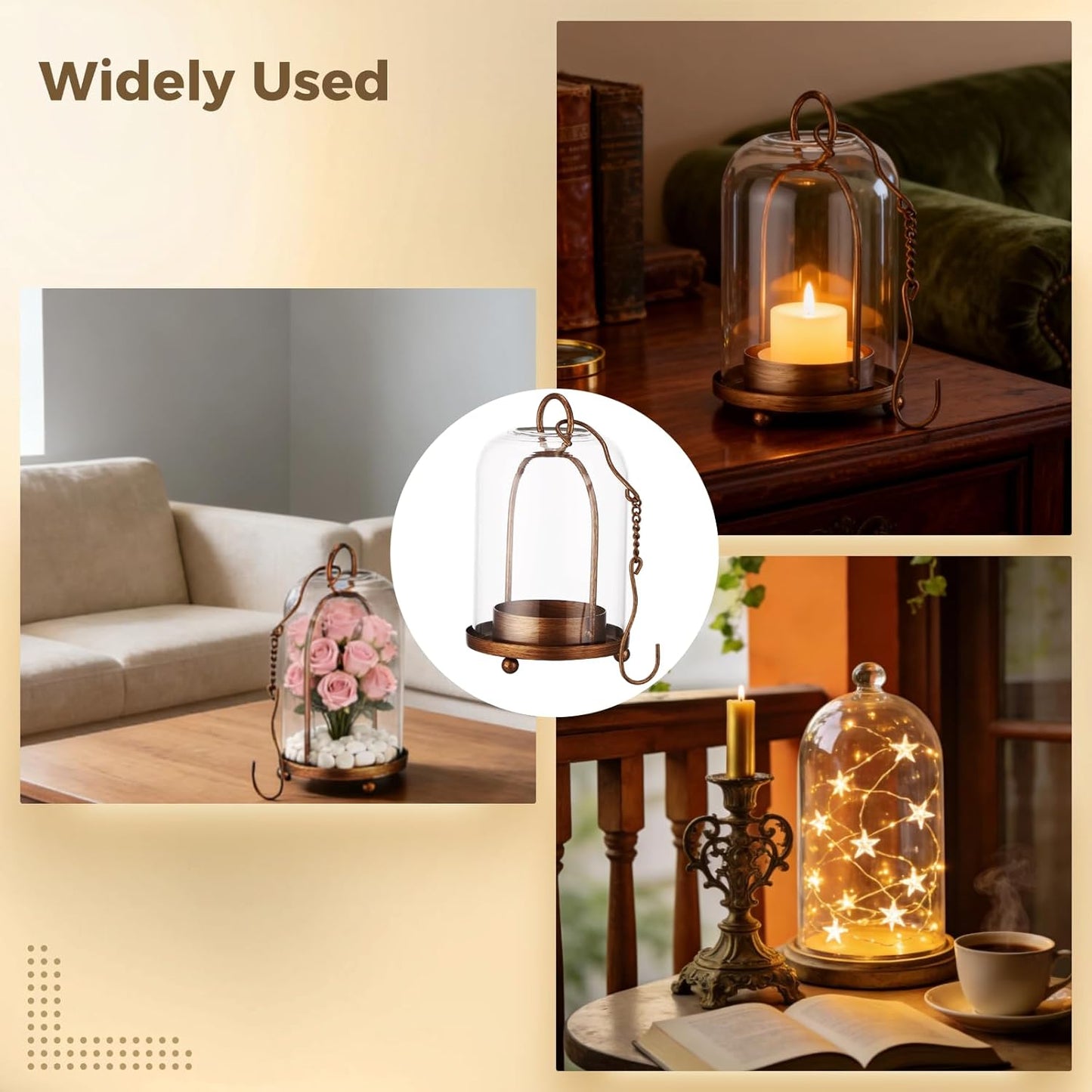 2 Pcs Glass Dome Candle Holders with Cloche Cover, Hanging Candle Lanterns with Hooks, Vintage Glass Cloches with Metal Base, Decorative Plant Display Stands for Tabletop, Mantel, Shelf