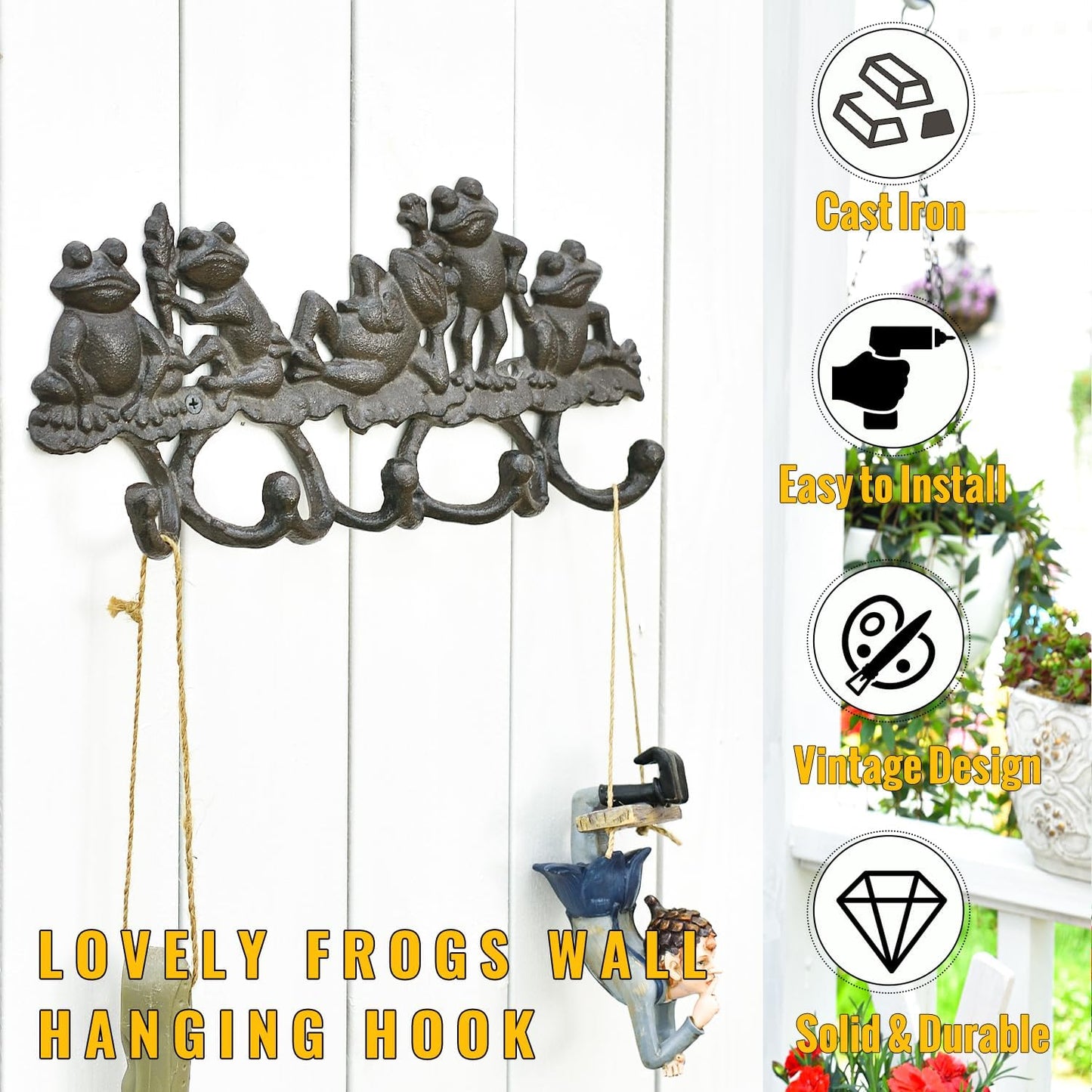 Sungmor Cast Iron Animal Wall Hook Rack - Rustic Decorative Key Holder with 5 Hooks, Lovely Frog Coat Hanger - Vintage Metal Organizer for Entryway, Garden, Mudroom, or Kitchen