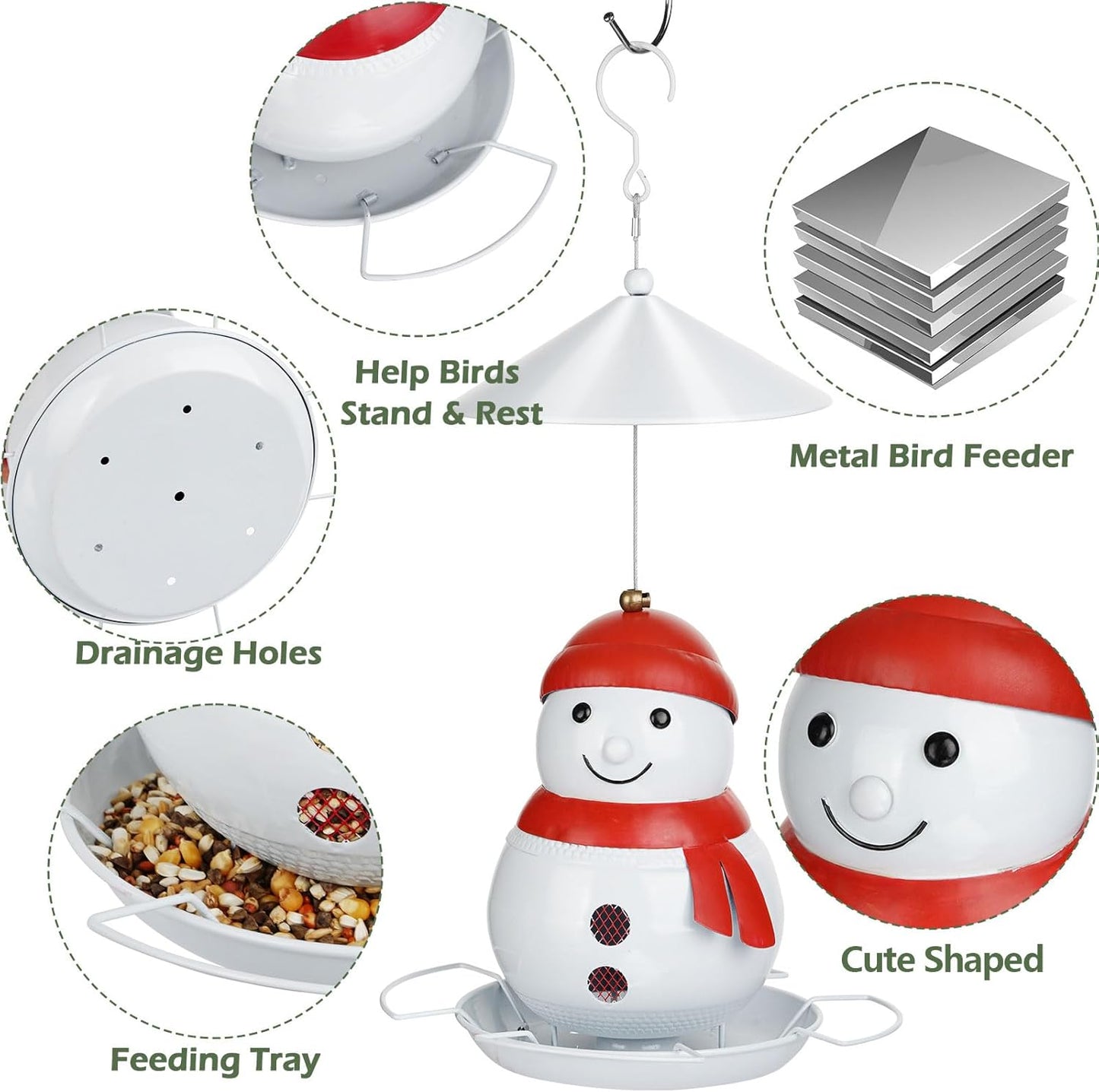 Bird Feeder for Outdoor Hanging, Heavy Duty Metal Wild Bird Feeder with Squirrel Proof Baffle for Outside Hanging, Large Capacity Birdfeeder Garden Yard Decoration, Cute Snowman Shaped