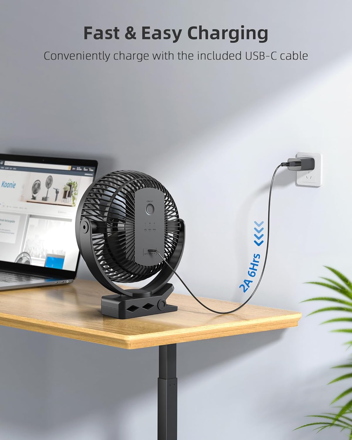 Koonie 10000mAh Clip on Fan Rechargeable, 8-Inch Battery Operated Desk