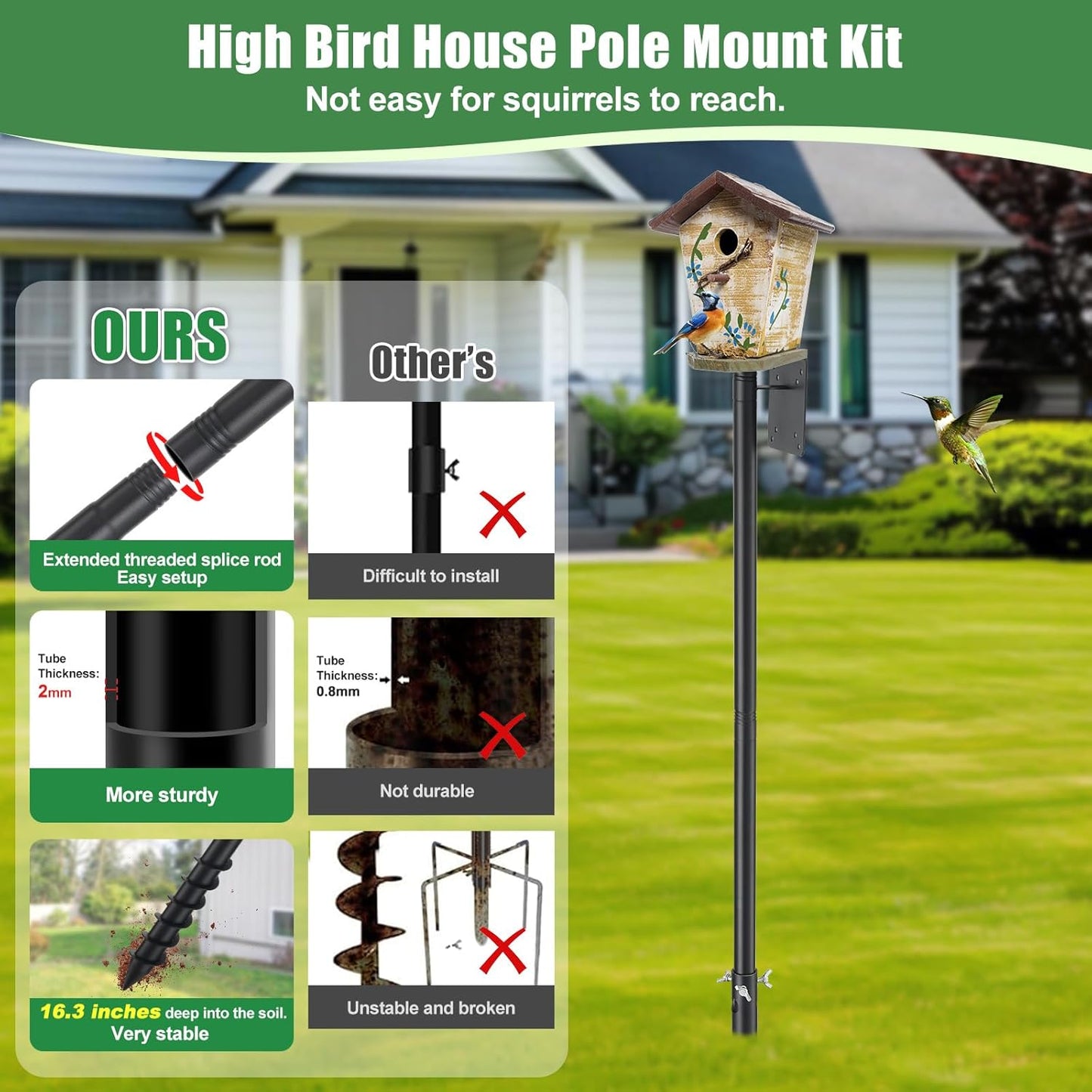 ‌JAOTREL 60" Bird Feeder Pole with Spiral Ground Stake - Heavy-Duty Metal, All-Weather Stability, Windproof & Rust-Resistant for Garden/Lawn/Bird Sanctuary