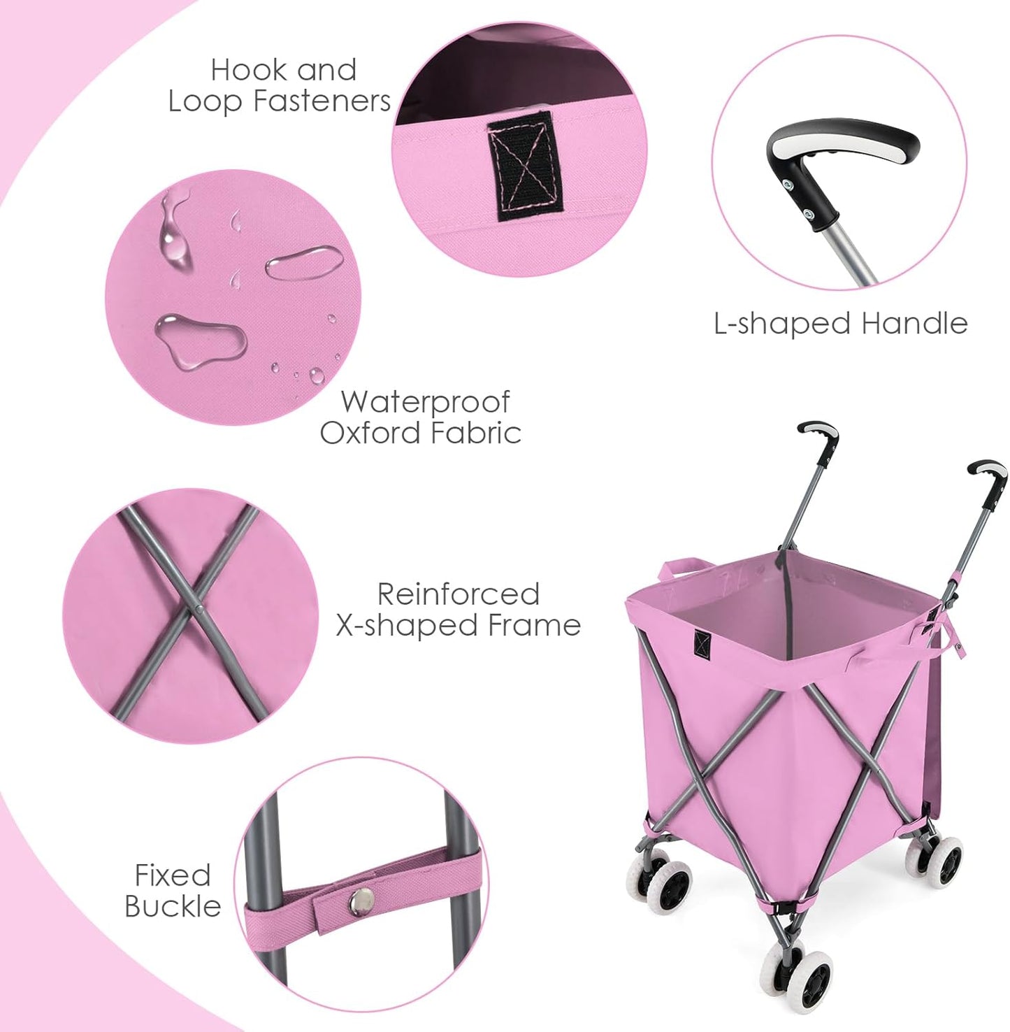 90L Folding Shopping Trolley, 8-Wheel Large Utility Push Cart with Removable Waterproof Bag and Cover, Metal Lightweight Rolling Grocery Trolley for Mobility (Black) (Pink)