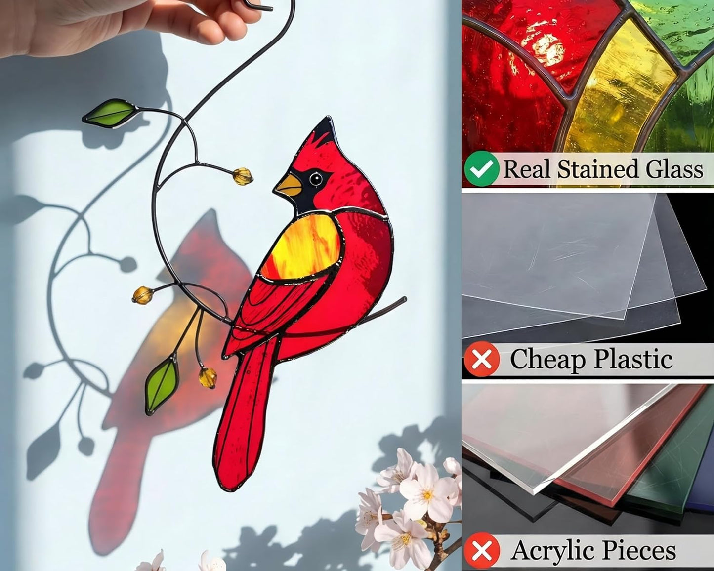 Cardinal Stained Glass Sun Catcher Window Hanging - Handmade Memorial Gifts for Grandma, Women, Mothers Day Ornament (Gifts Ready Packaging) - Red Bird Stain Glass Suncatcher Indoor Decor
