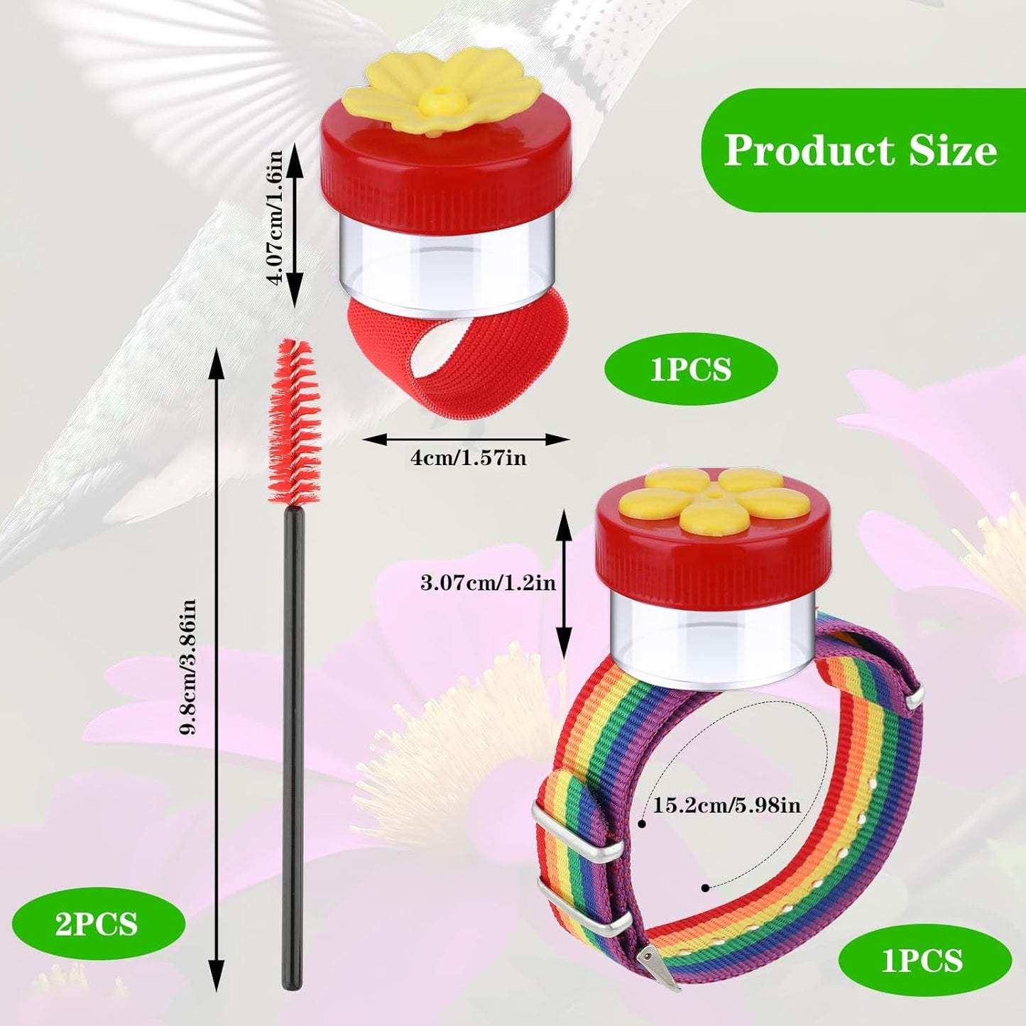 Hummingbird Wrist Feeder Set, 2 Pack Ring and Wrist Adjustable Hummingbird Hand Feeders with 2 Cleaning Brush Mini Hand Held Flower Hummingbird Feeders for Outdoor (Rainbow)