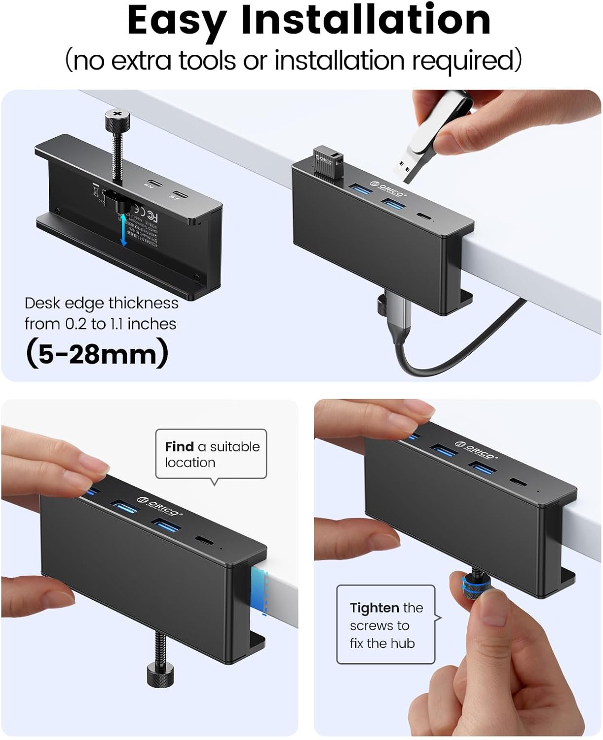 ORICO USB Hub 3.0, Clamp USB Hub with Extra Power Supply Port, Aluminu