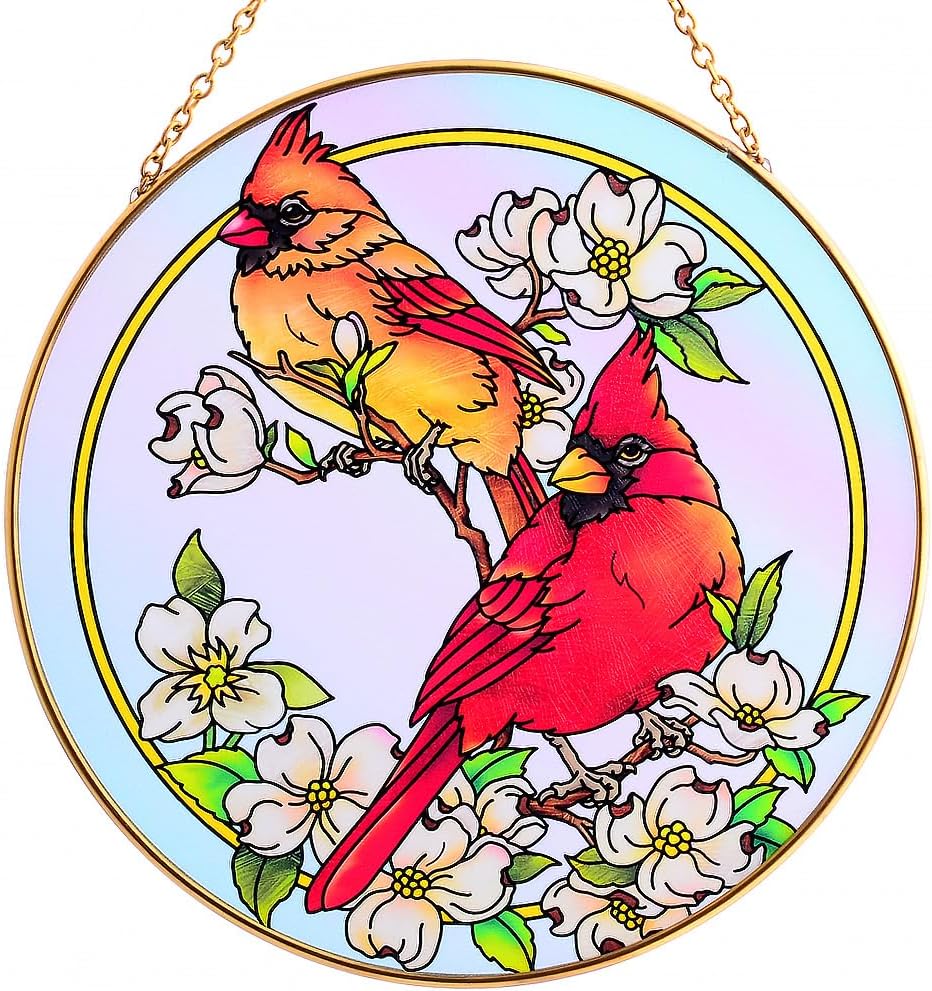Cardinal Suncatchers for Windows,6.3” Stained Glass Window Hangings,Hand-Painted Glass Panel Perfect for Home Décor and Gifts