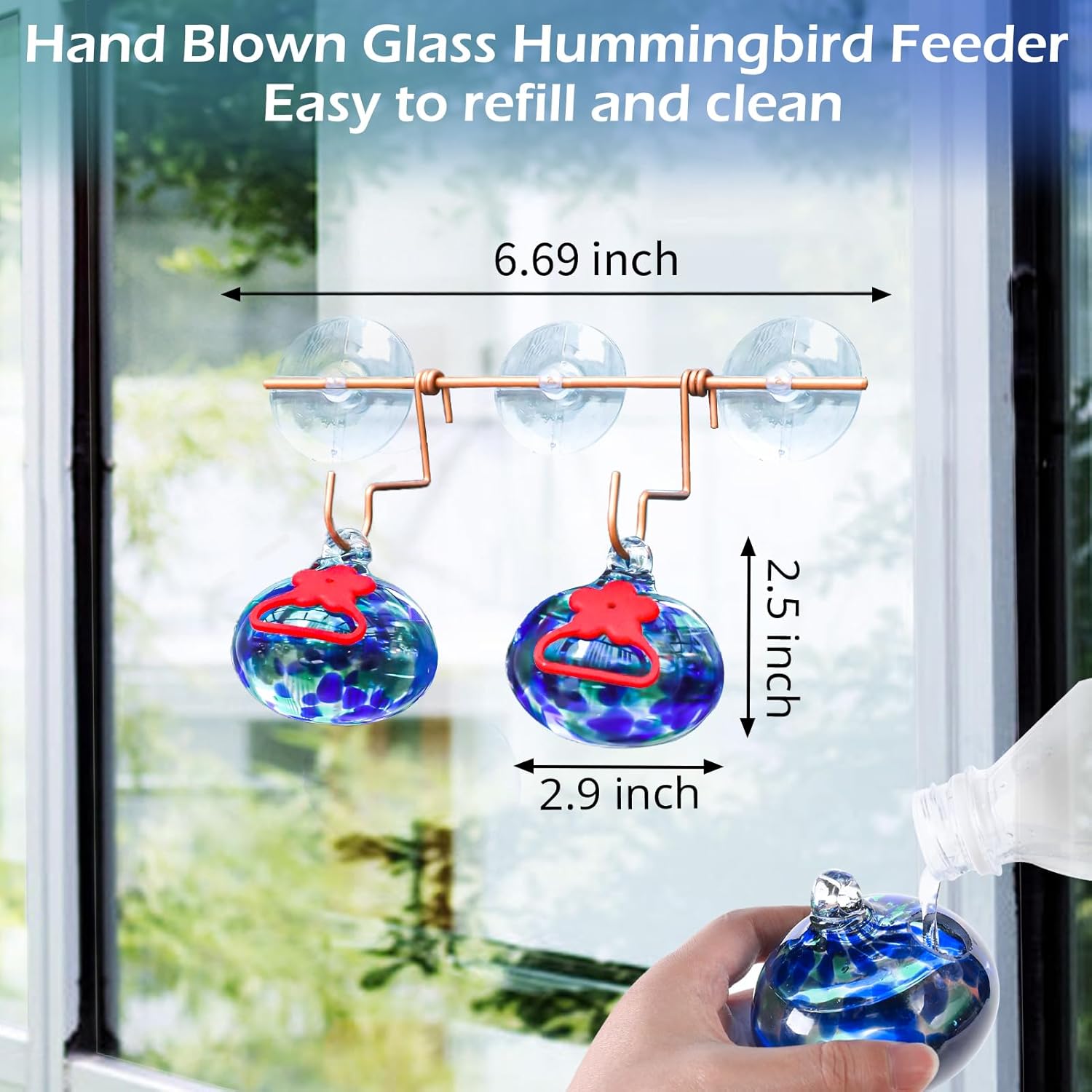 Window Hummingbird Feeder with Suction Cups,Hand-Blown Glass Hummingbi