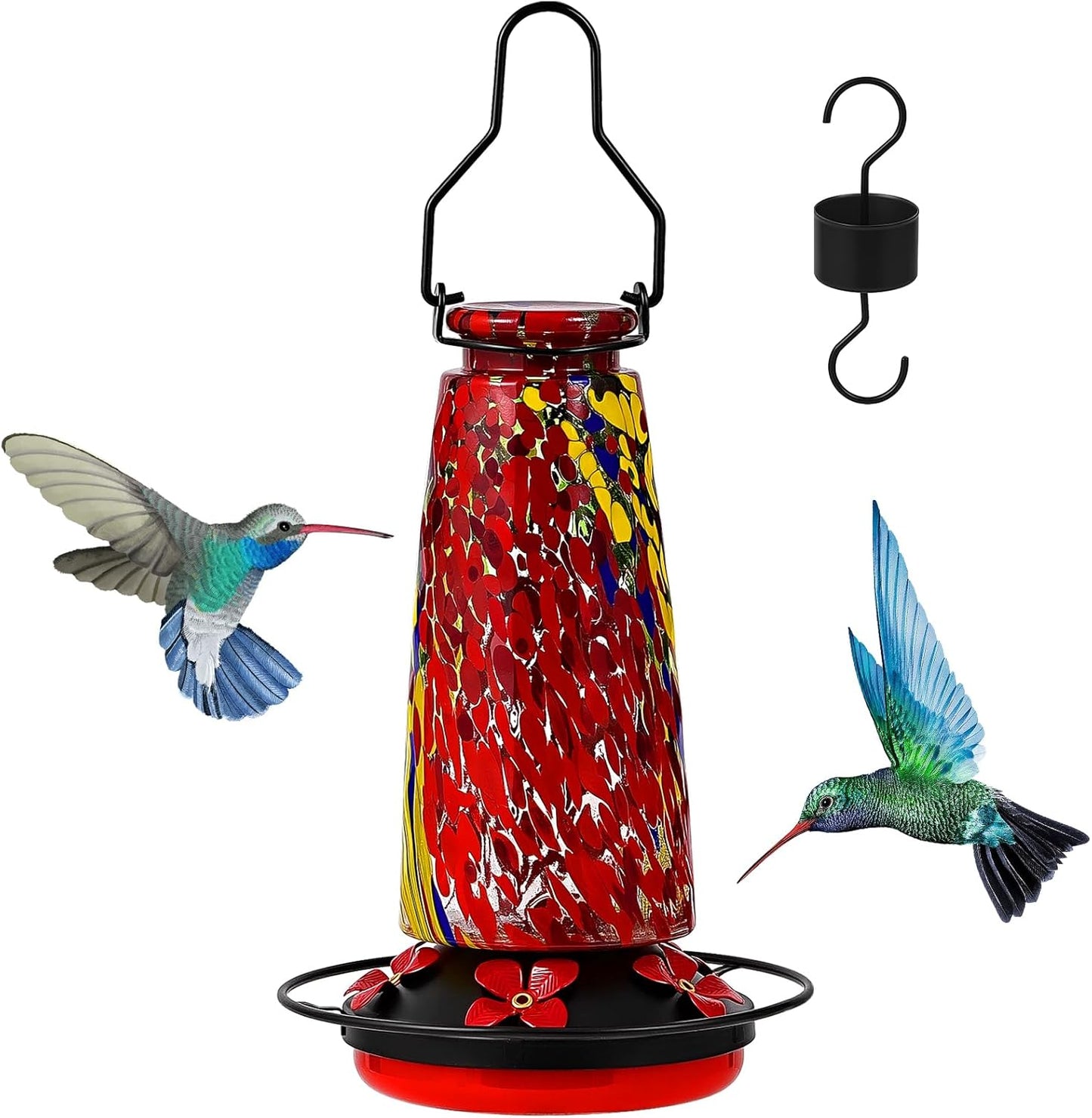 Hummingbird Feeders for Outdoors Hanging, 21 Ounces Glass Nectar Feeder with Ant Moat and 5 Bee Guard Feeding Ports, Leak Proof