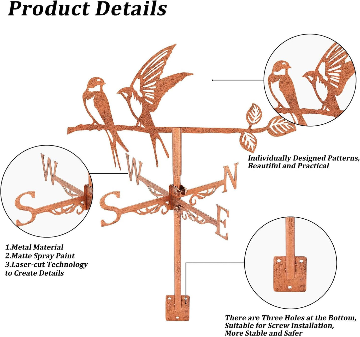 SUPERDANT Swallow Weather Vane Bird Tree Branch Wind Vanes for Yard Animals Metal Weathervane Roof Mount for Gardens Outside Reddish Copper Weathervanes Farmhouse Farm Barn Sheds Patio Decorations