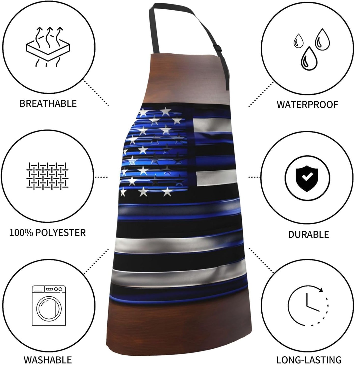 American Thin Blue Line Flag Print Laundry apron 28x33 In Waterproof Kitchen Apron with Pockets for Cooking Baking