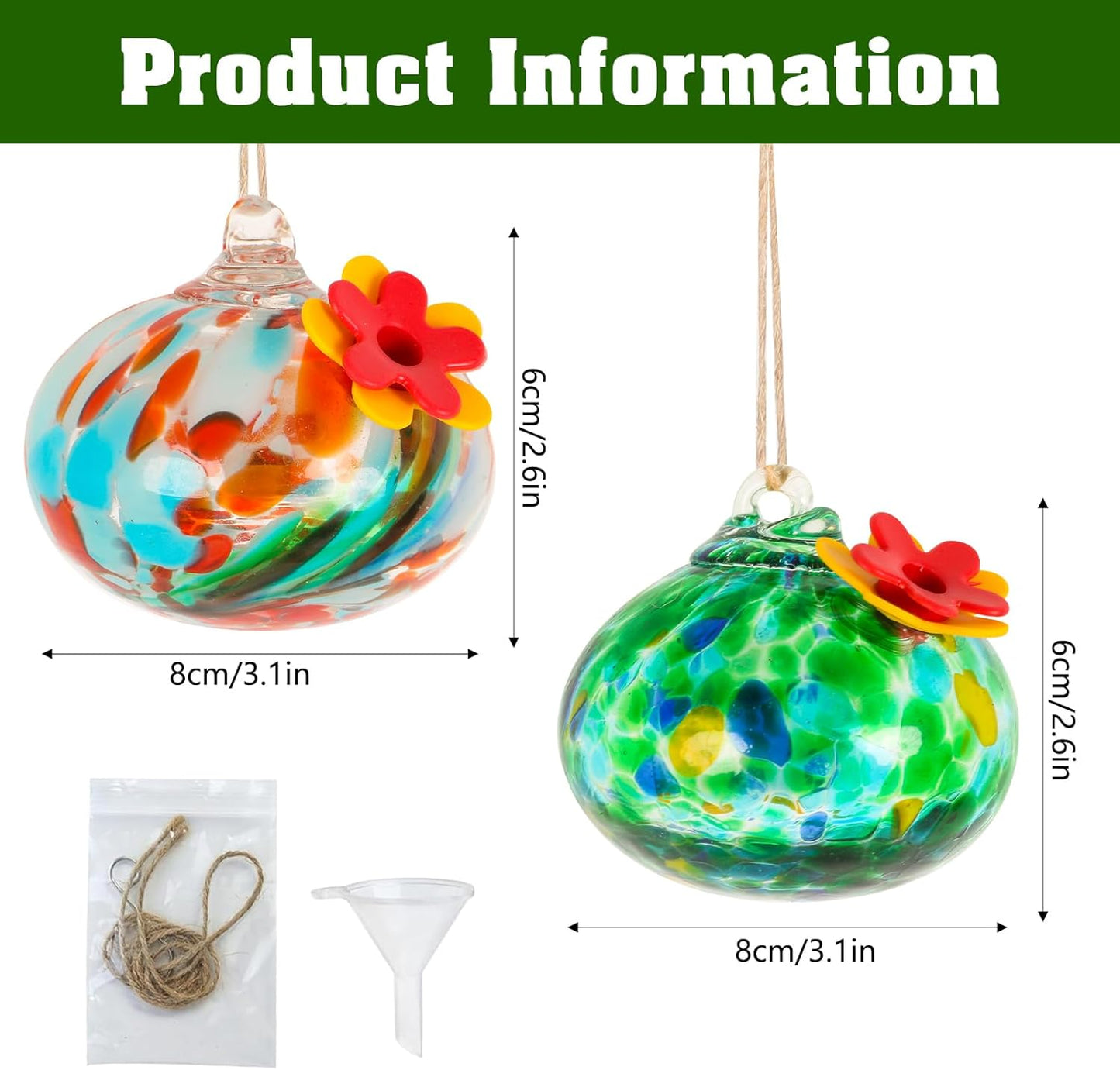 2 Pcs Blown Glass Hummingbird Feeder for Outdoors Hanging, Ant & Bee Resistant Window Bird FeederHandmade Garden Decor Gift for Women - Small Round Glass Feeders Bundle (Ellipse A2)