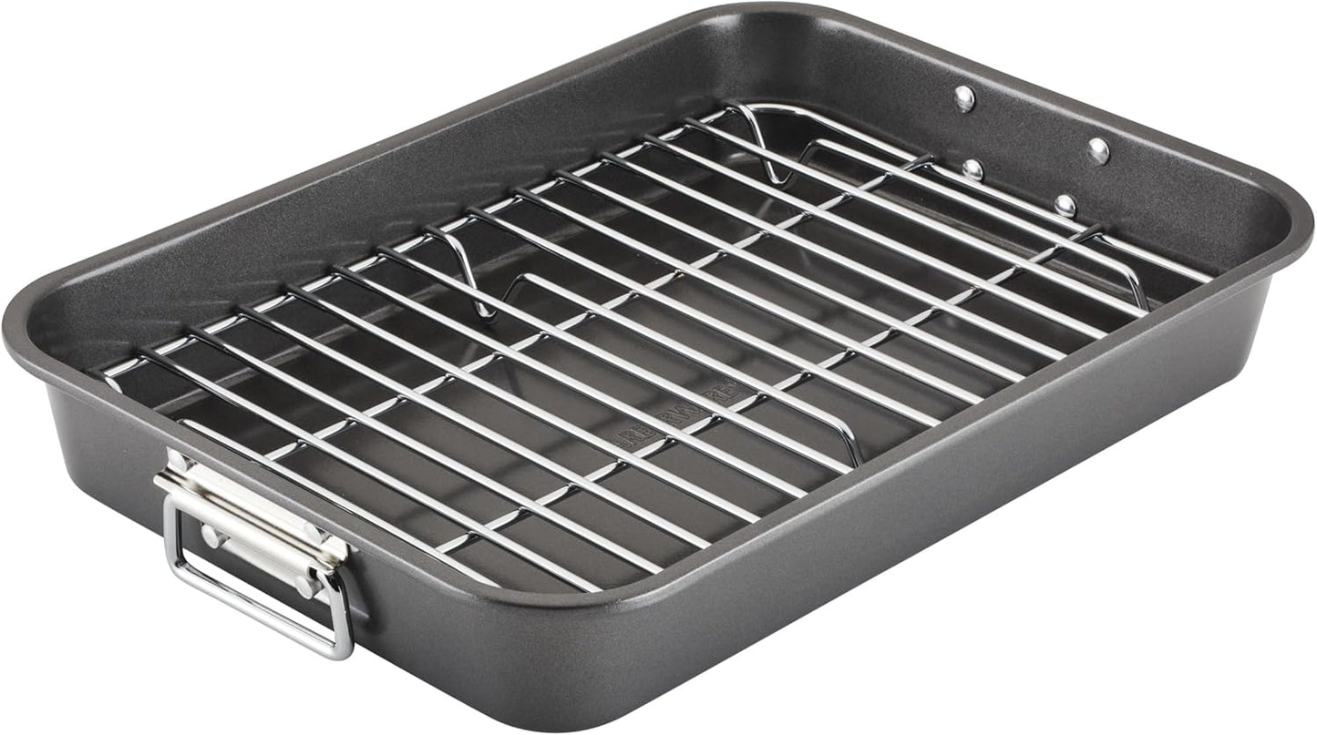Farberware Bakeware Nonstick Steel Roaster with Flat Rack, 11-Inch x 1