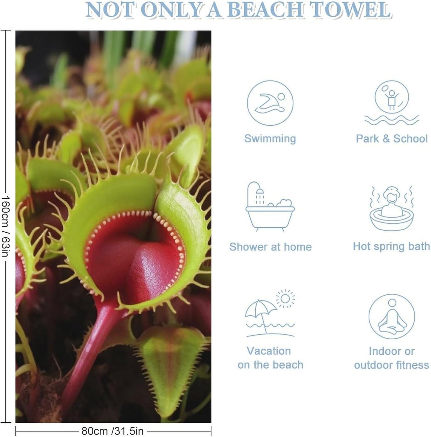 Oversized Beach Towel 63x32 Inch Sand Resistant Thin Microfiber Carnivorous Plant Bath Towels for Body Absorbent Quick Dry Lightweight Travel Towel for Pool Yoga Swim Camping Adults Gift