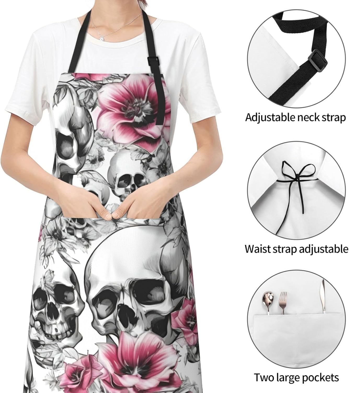 YANYU Floral Skull Print 28x33 In Kitchen Apron Stylish Chef Apron wit