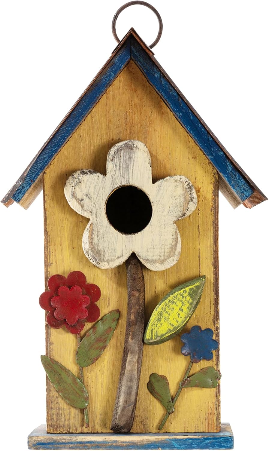 10.25''H Hanging Birdhouse Washed Yellow Distressed Solid Wood Cottage