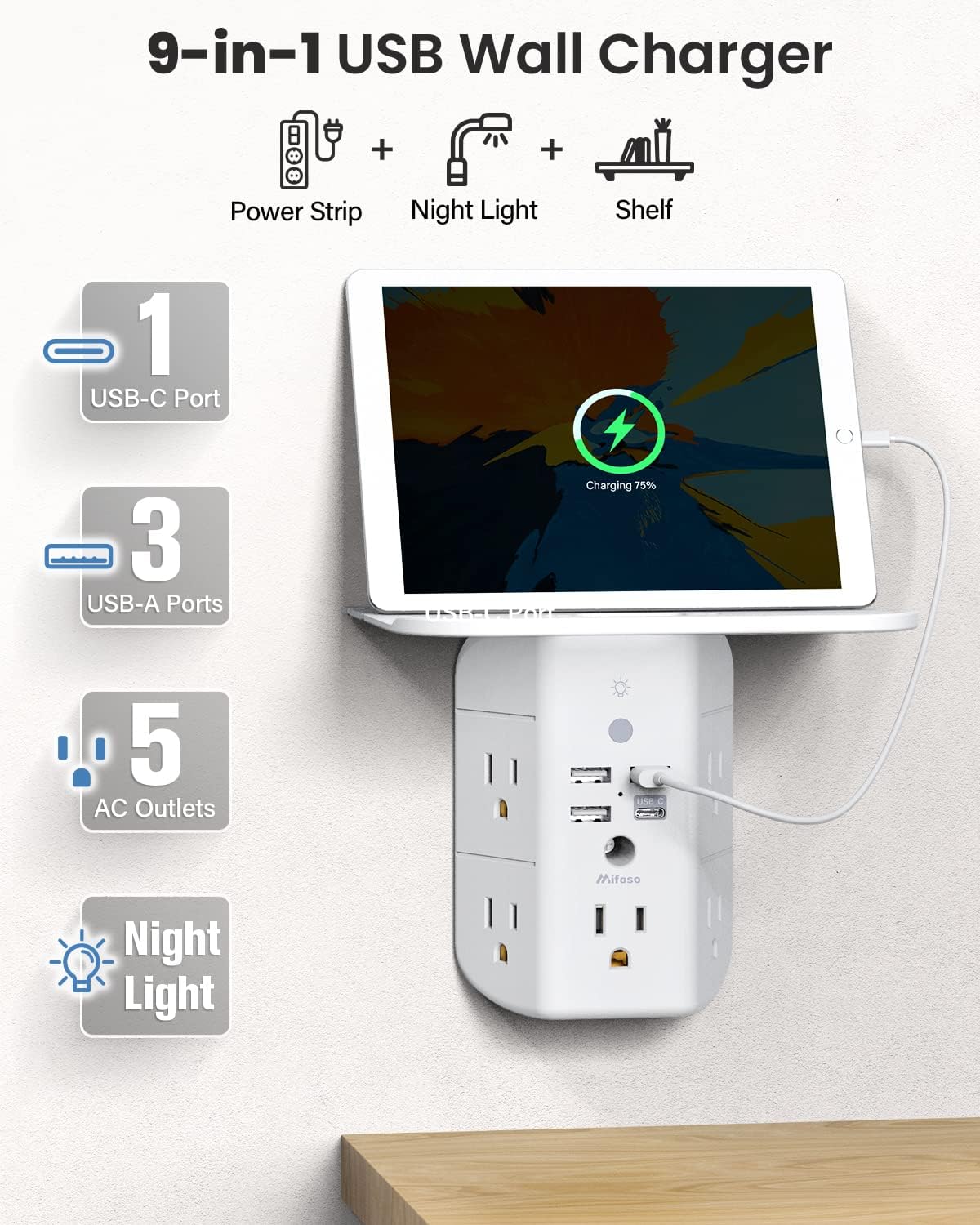 Wall Outlet Extender with Shelf and Night Light, Surge Protector, Wall