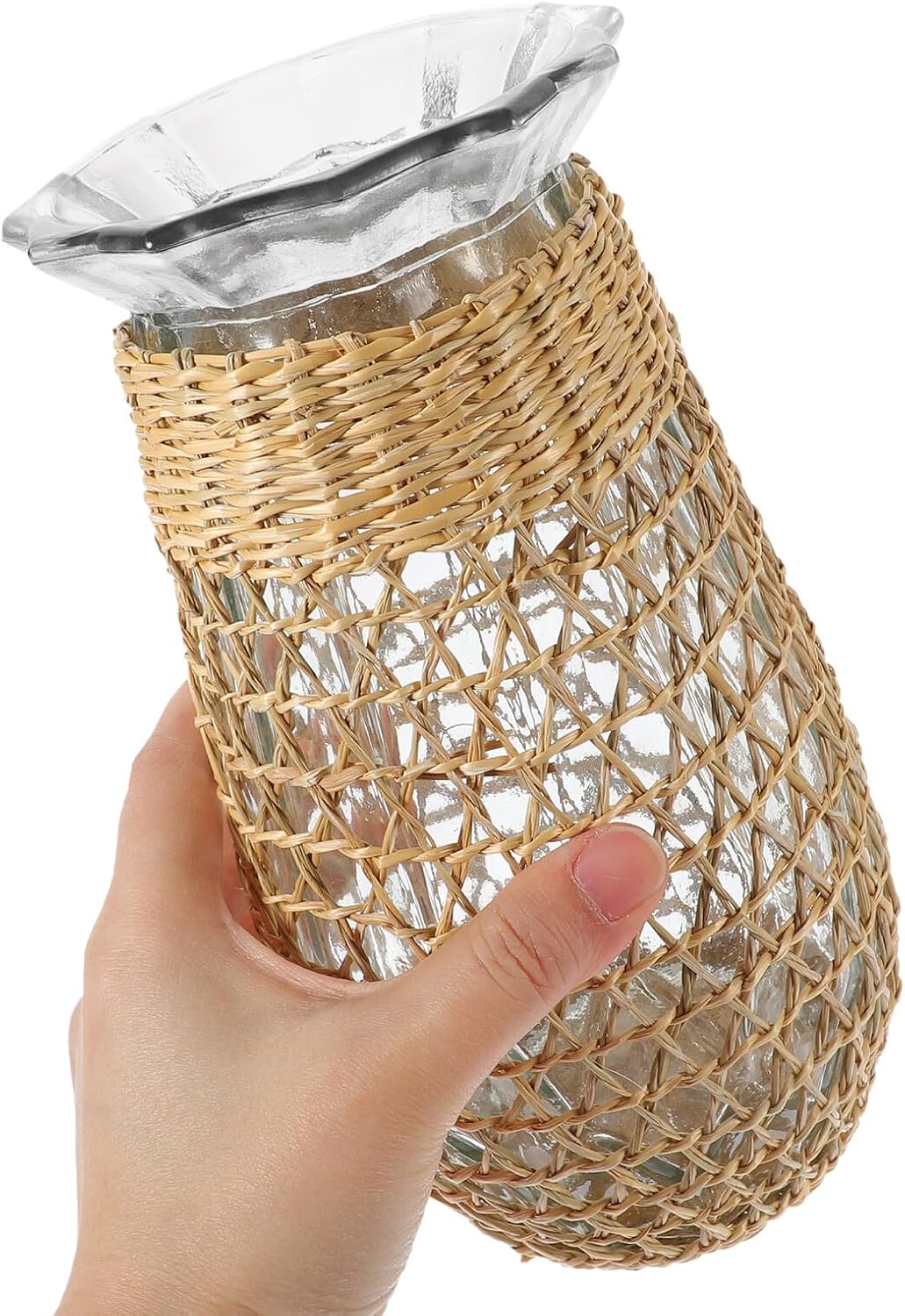 Woven Rattan Glass Vase Decorative Flower Pot for Dried and Fresh Plan