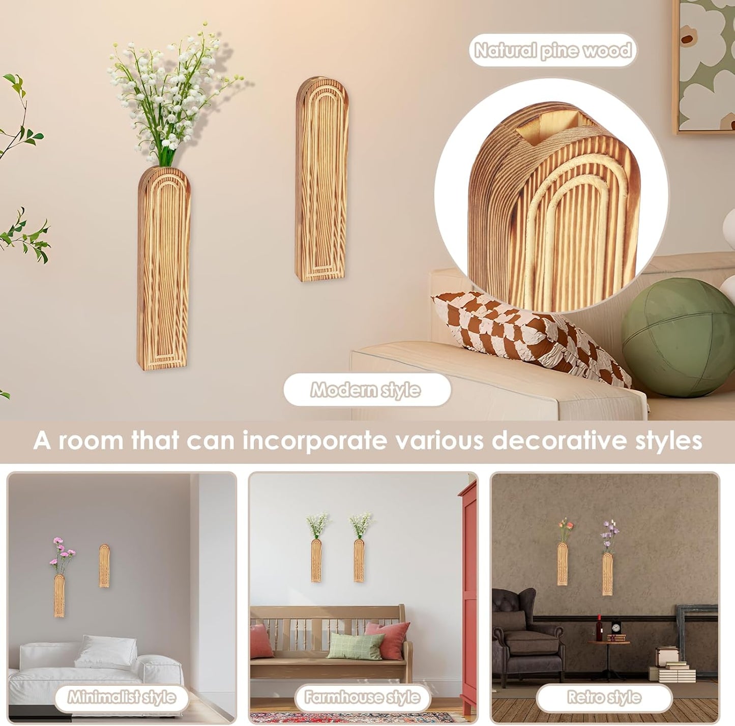 2Pcs Wood Wall Planter Modern Wood Wall Vase Geometric Hanging Planter Farmhouse Pocket Vase Rustic Decor for Indoor Vegetation Living Room Bedroom Decor Artificial Flowers