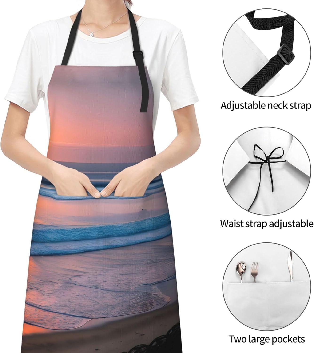 Sunset beach print Waterproof chef's apron with pocket apron for kitchen cooking baking barbecue and gardening