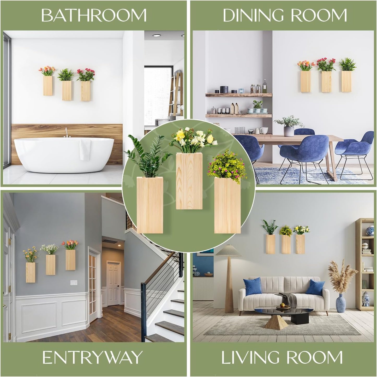 Pine Wood Wall Mount Planters - Set of 3, Modern Wall Vases for Flowers, Perfect for Bedroom, Bathroom, and Living Room Decor, Wall Flower Pots for Dried Floral Decorations