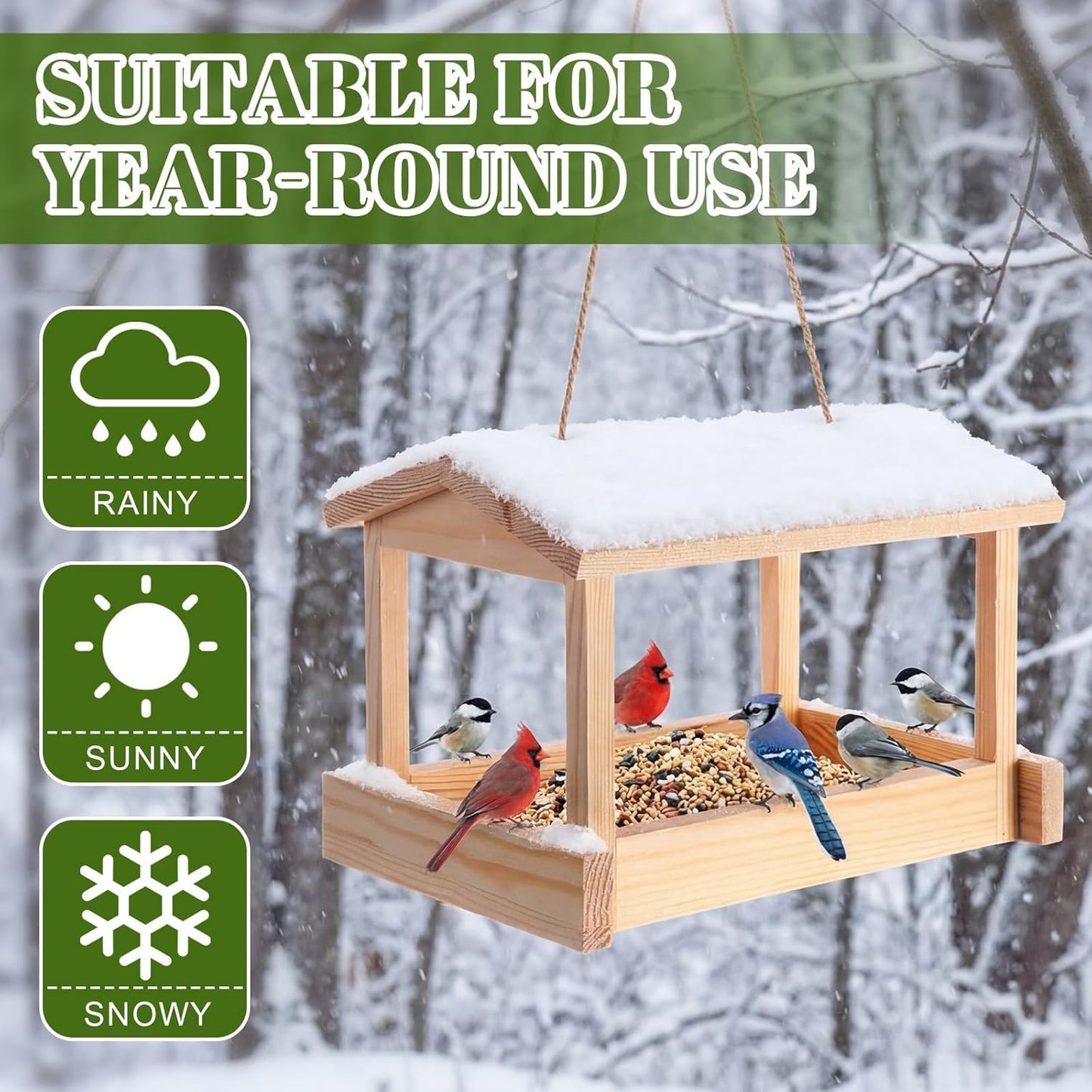 2 Pcs Wooden Bird Feeder for Outdoor Hanging, Platform Bird House, Rustic Garden Yard Decorations for Wild Birds, Cardinals, Finches, Bluebirds, Include Sloped Roof and Sturdy Rope