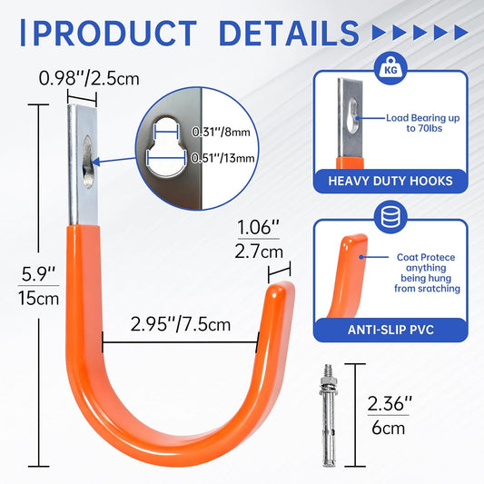 Heavy Duty Wall Hooks, Garage Storage Utility Hooks, Steel Wall Mount Hanger, Tool Organizer Hose Hanger Steel U Hooks for Garage & Garden (4, Orange)
