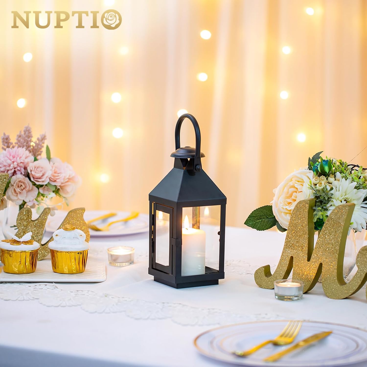 Nuptio Garden Lanterns for Pillar Candles Tall Vintage Style Metal Can