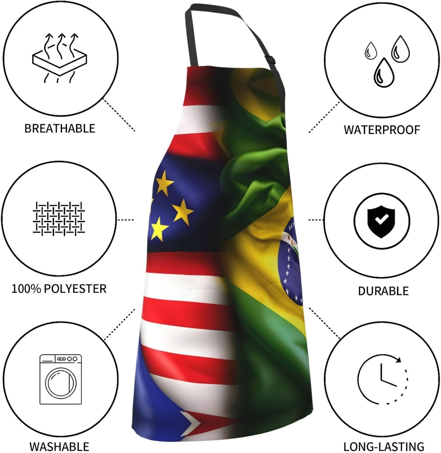 American and Brazilian Flags Print Laundry apron 28x33 In Waterproof Kitchen Apron with Pockets for Cooking Baking