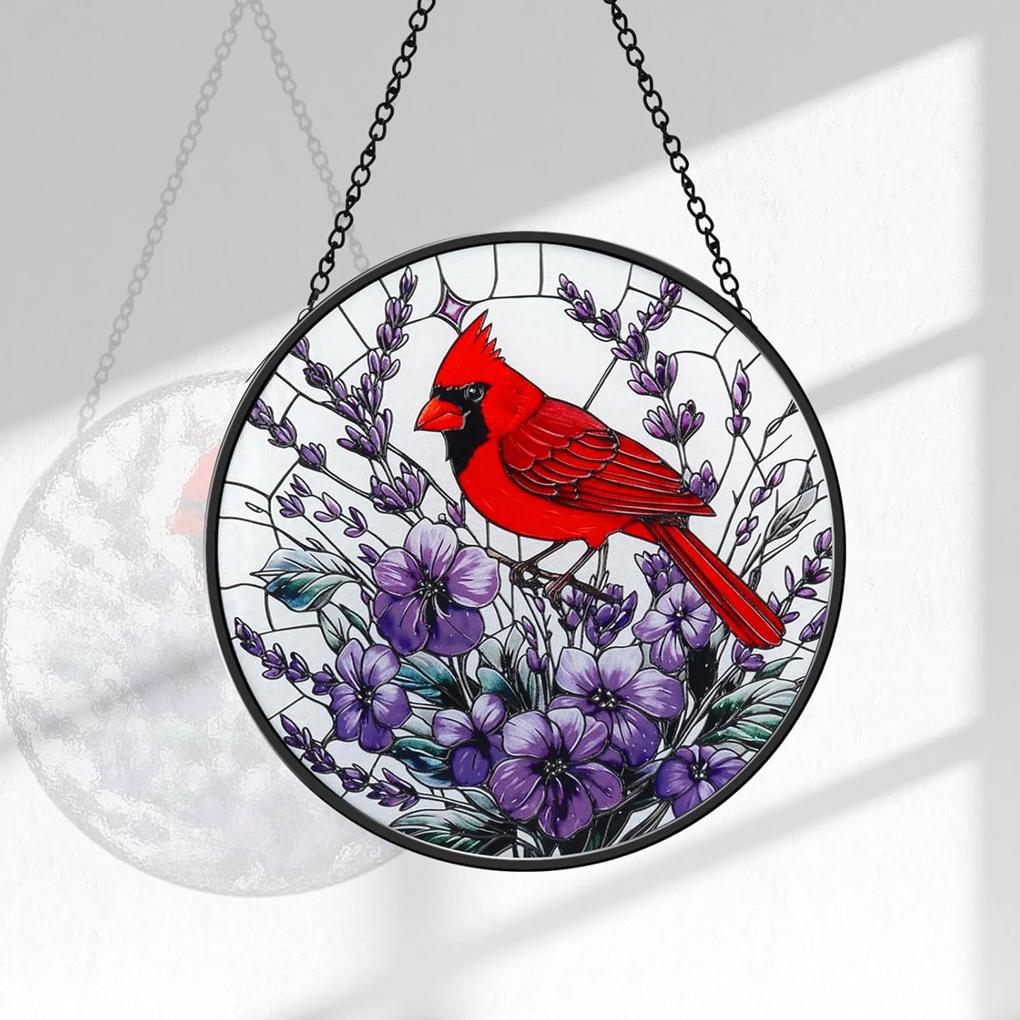 Stained Glass Window Hanging, Cardinal on a Flower Sun Catcher for Window Door Home Decor Suncatcher Decor for Christmas Mother's Day Birthday Gifts for Women Men Mom and Nana 7.87 inch
