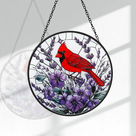 Stained Glass Window Hanging, Cardinal on a Flower Sun Catcher for Window Door Home Decor Suncatcher Decor for Christmas Mother's Day Birthday Gifts for Women Men Mom and Nana 7.87 inch