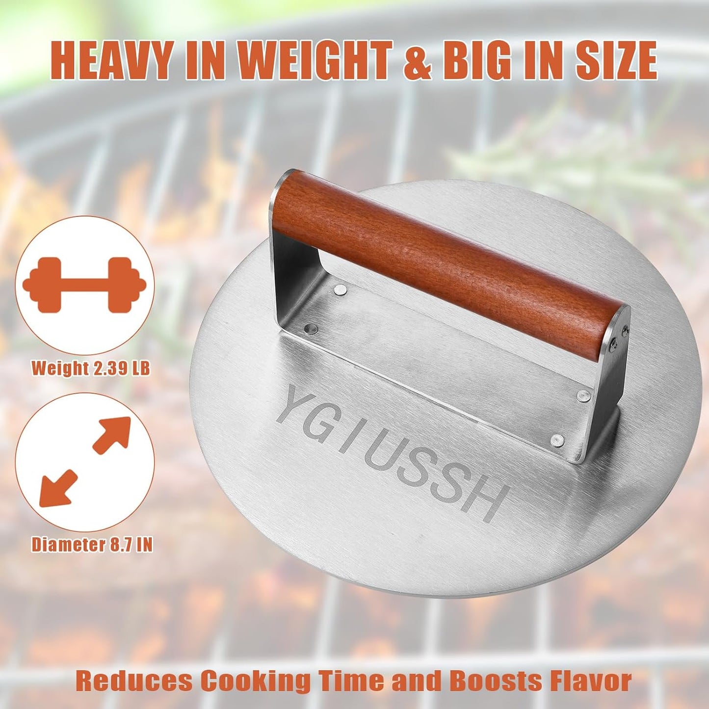 8.7 Inch Heavy-Duty Grill Press with Beech Wood Handle Stainless Steel Bacon Press Round Non-Stick Hamburger Press Weight Burger Smasher for Perfectly Seared Bacon Steak & Sandwiches