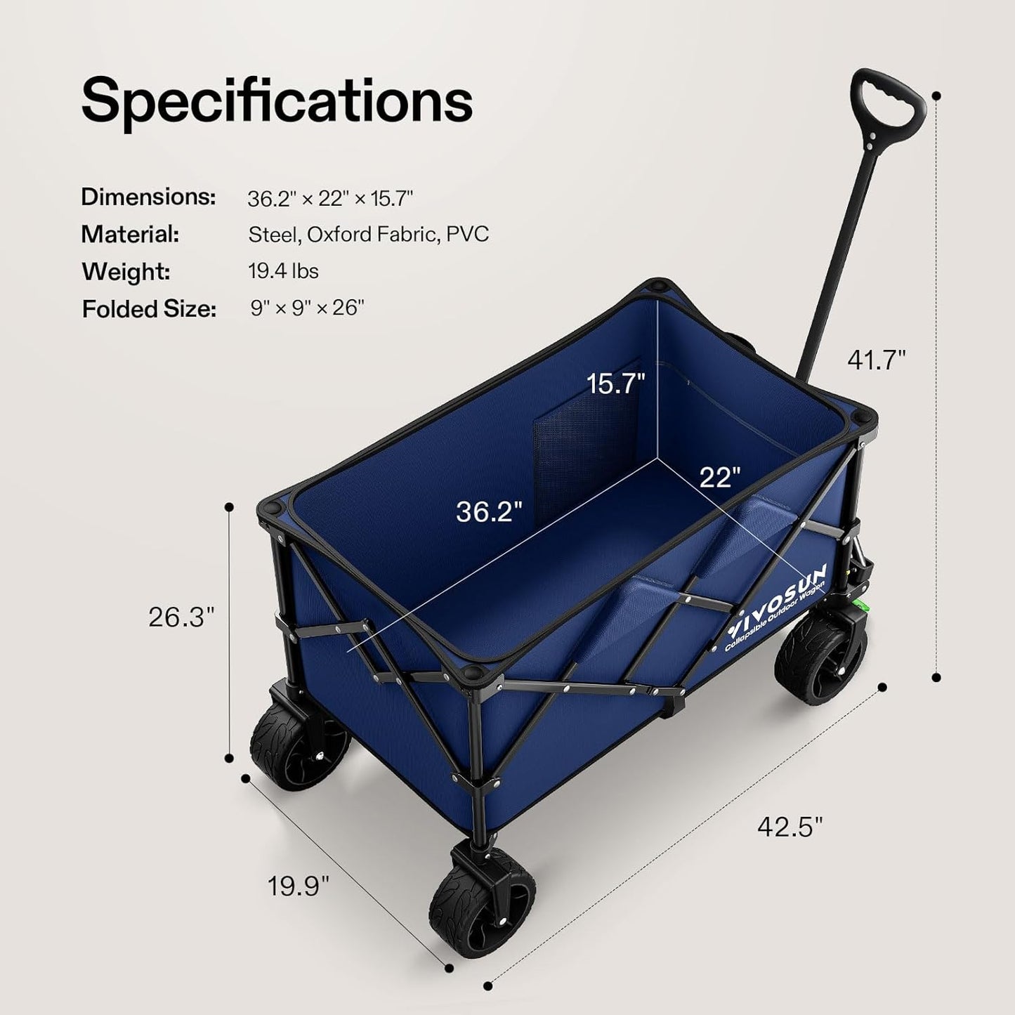 VIVOSUN Collapsible Folding Wagon, Outdoor Utility with Silent All-Ter
