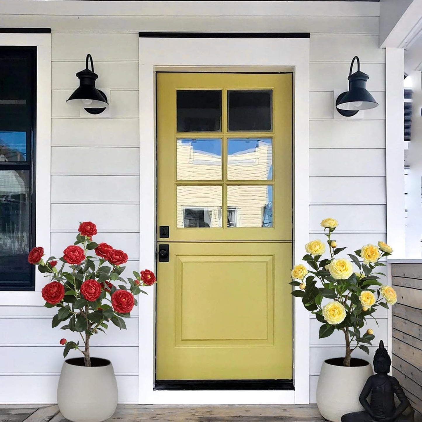 momoplant Artificial Camellia Tree 30 Inch Faux Flower Plant Set of 2 Fake Camellia Trees with 2 Black Pots Plant for Office Home Porch Outdoor Indoor Decor (Yellow&Red)