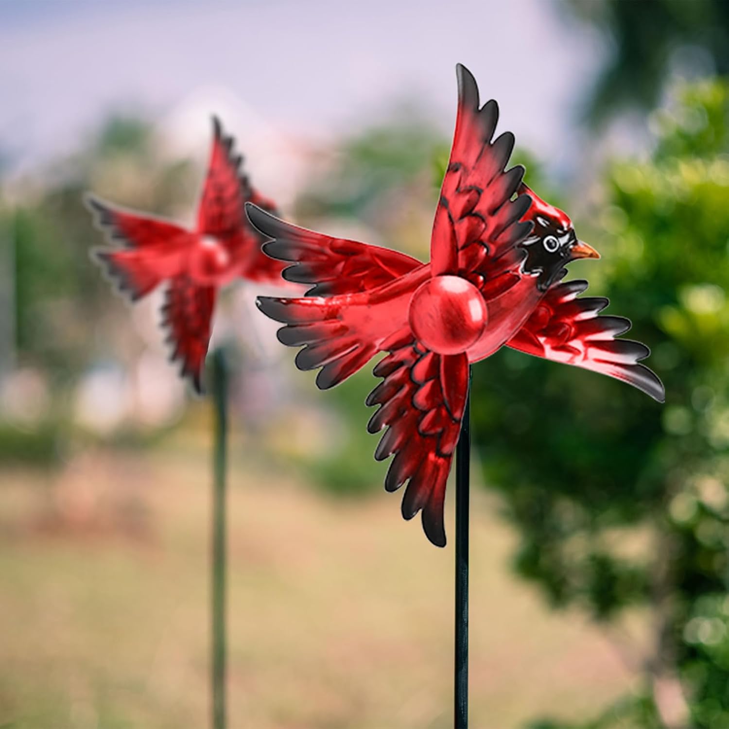 MUMTOP Cardinal Wind Spinner Outdoor, 2 Pack Metal Red Birds Windmill 