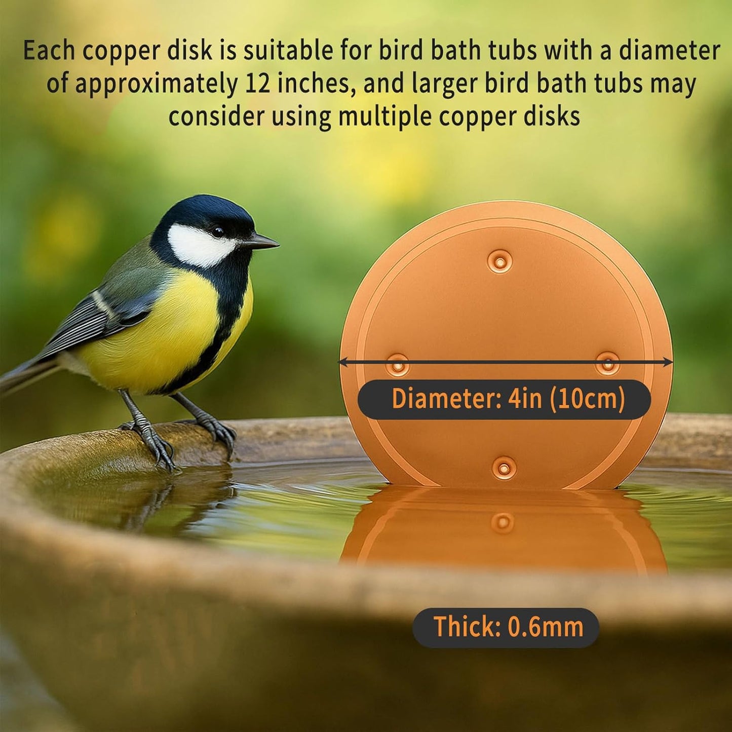 Oncpcare 2 Pcs Pure Copper Disk for Bird Bath, 0.6mm Premium 99.99% Copper Insert with Raised Point, Fits Most Bird Baths for Indoor Outdoor Garden Backyard – 4” Diameter
