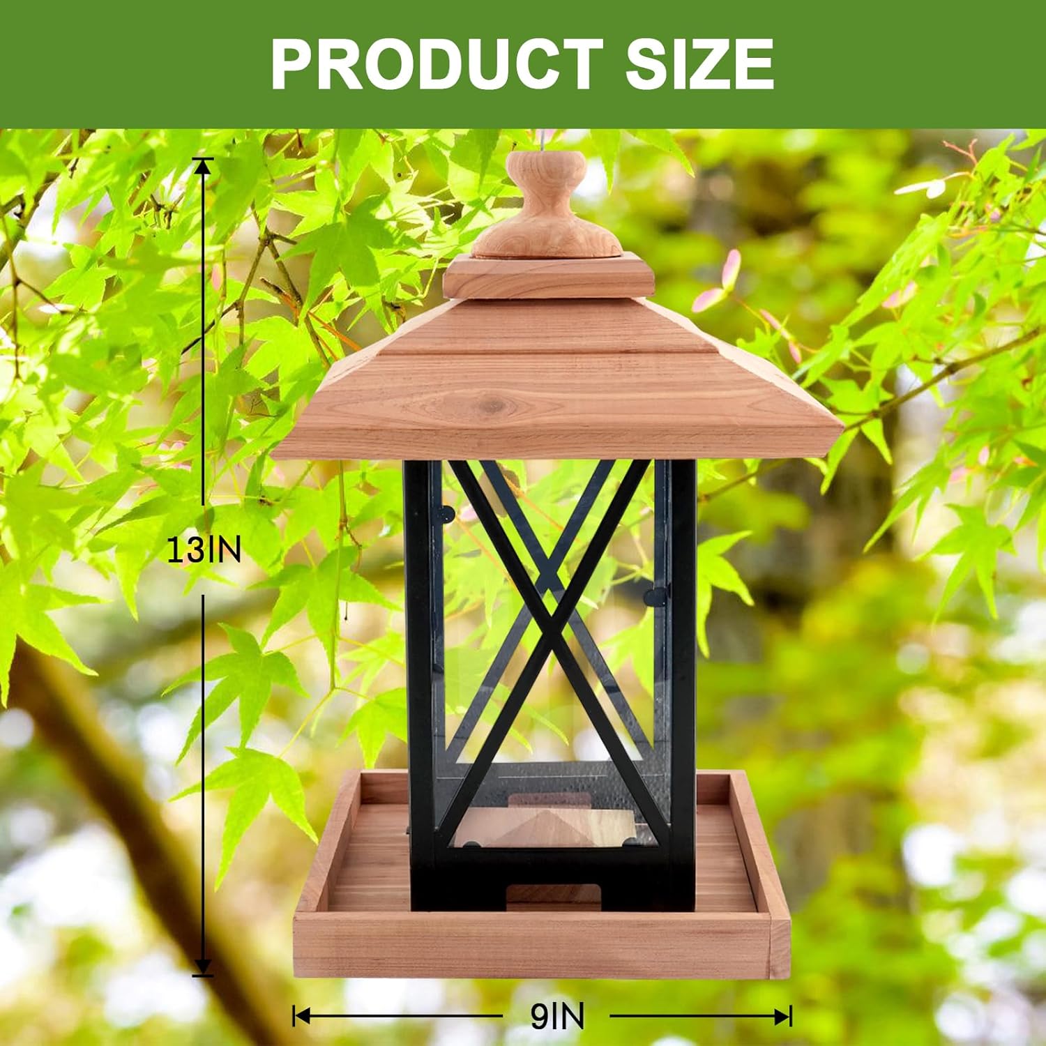 Cedar & Metal Frame Bird Feeder for Outdoors Hanging Mount Large Capac