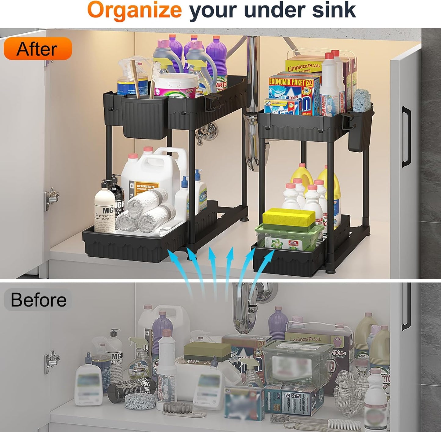 4 Pack Under Sink Organizer, Bathroom Organizers and Storage, 2 Tier Multi-Use Pull Out Cabinet Organizer with Hang Hooks and Cups (Black, 4 Pack)