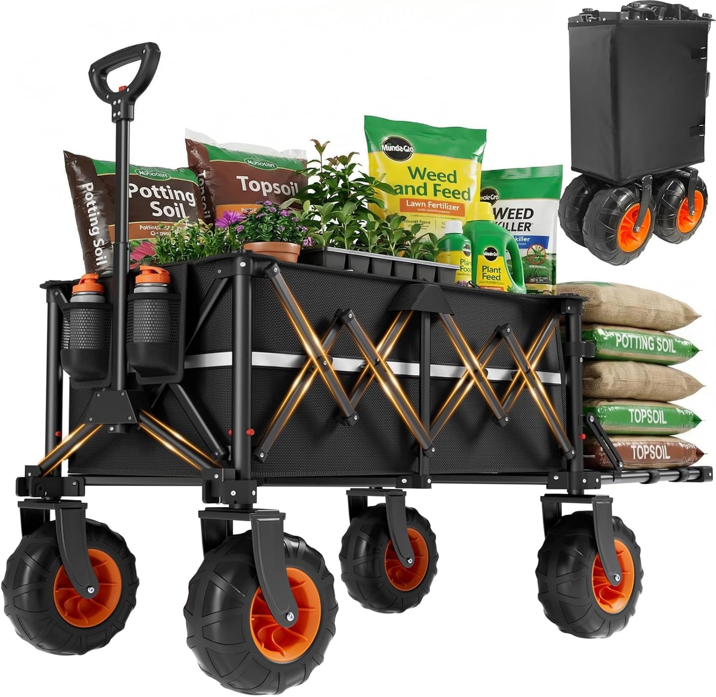 Collapsible Wagon Heavy Duty Foldable 200L Large Garden Utility Cart, 10" Big Wheels All Terrain, 800lbs Collapsible Wagons Carts with Extended Tailgate for Camping Beach