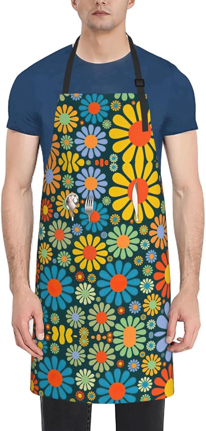 Hippie Pattern Print Laundry apron 28x33 In Waterproof Kitchen Apron with Pockets for Cooking Baking