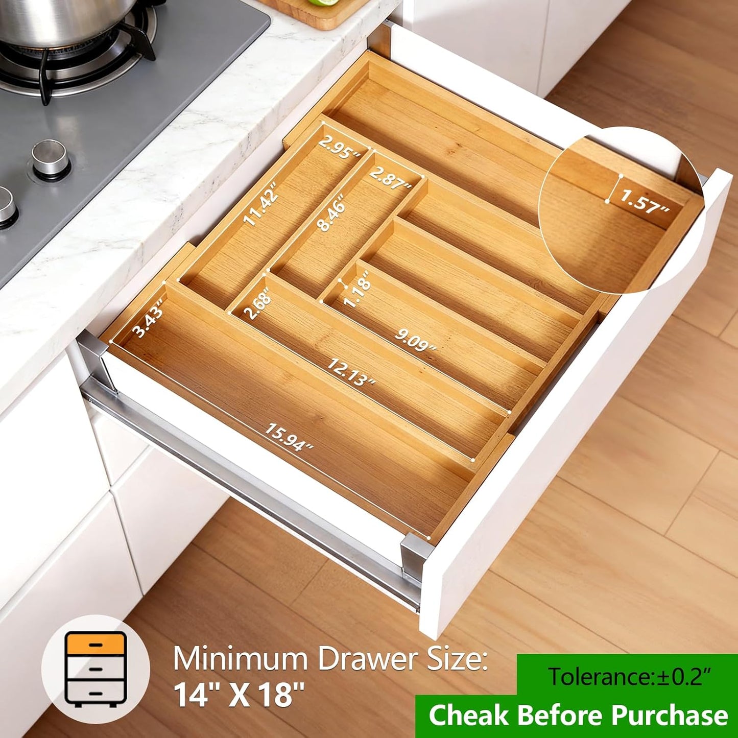Pipishell Bamboo Expandable Silverware Drawer Organizer, Adjustable Ki