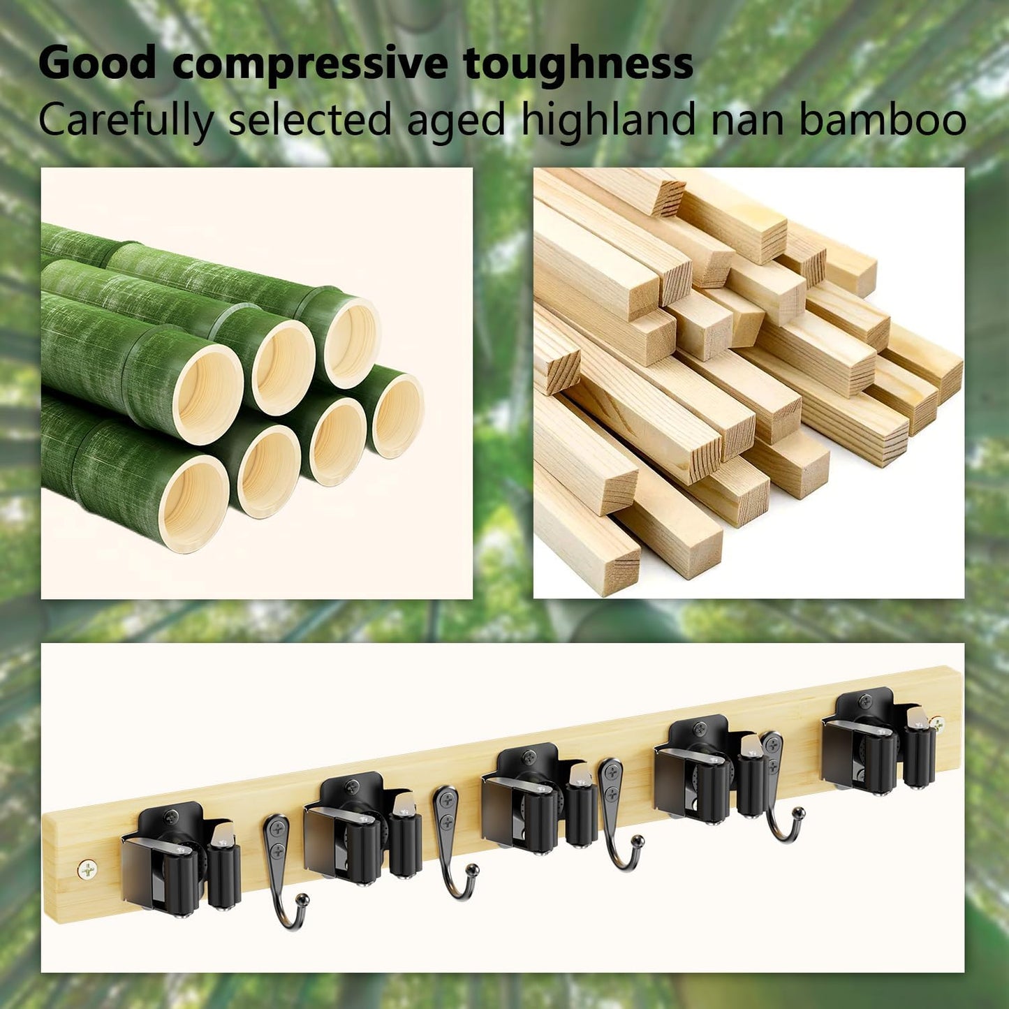 Mop and Broom Holder Wall Mount - Bamboo Broom Mop Hanger - Wall Mounted Garden Tool Rack Organizer for Closet Garage Laundry Room Kitchen Decor With 5 Slots & 4 Hooks (Bamboo)