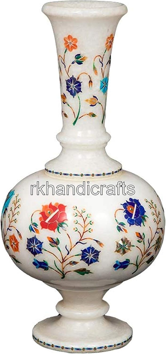 Semi Precious Stone Plant Stand with Inlay Work White Marble Flower Pot for Hotel and Restaurant Decor 10 Inches