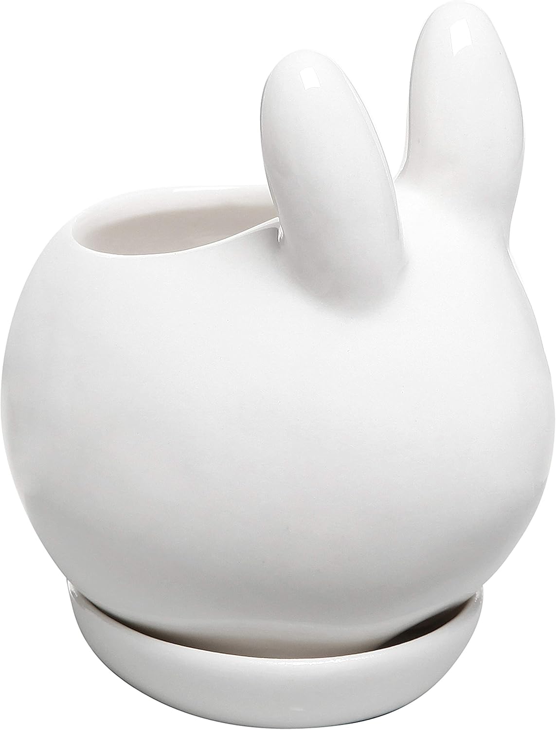 MyGift Mini Ceramic Bunny Planter, Decorative Rabbit Design White Small Flower Pot Succulent Planter with Detached Saucer