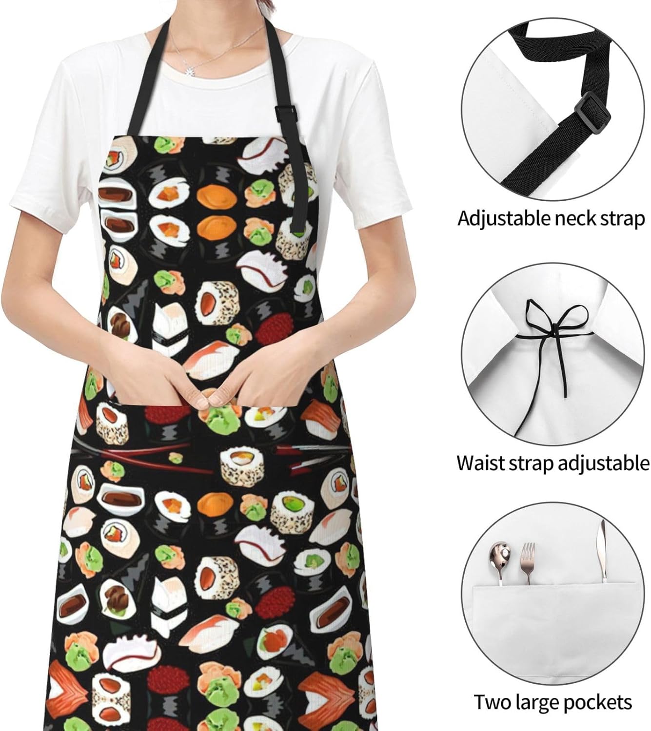 Japanese Sushi Black print Waterproof apron with pocket adjustable coo